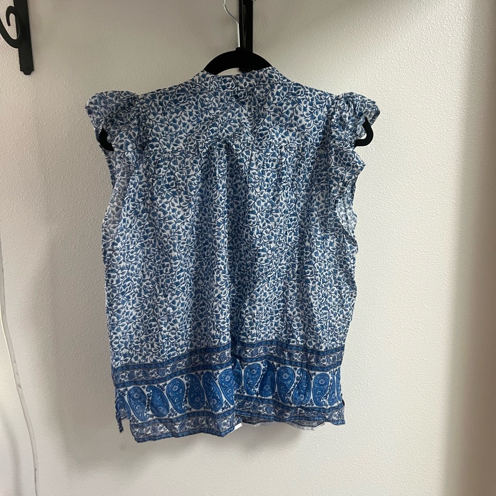 J. Crew Blue Paisley Border Cap-Sleeve Button Front Blouse - Picture 3 of 3